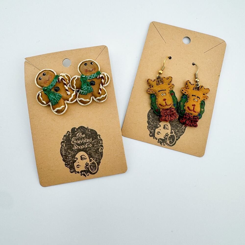 Vintage 80s Reindeer & Gingerbread Earring Set Whimsical Holiday Charm Christmas